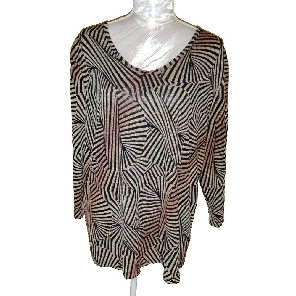 Peter Nygard Blouse Womens Geometric 3/4 Sleeve Stretch Gold Blue Top Size 1X